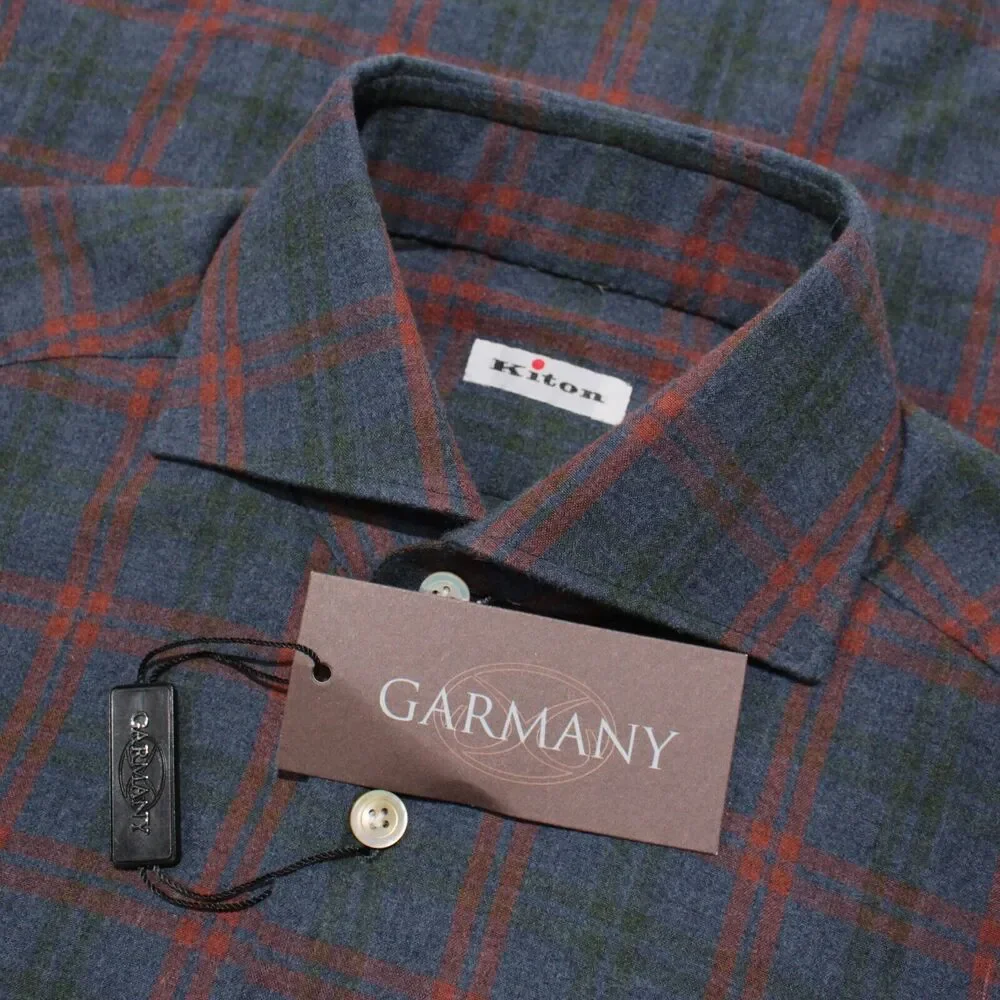 Kiton NWOT Dress Shirt Size 15 / 38 In Blue, Red, & Green Check 100% Cotton - Picture 1 of 12